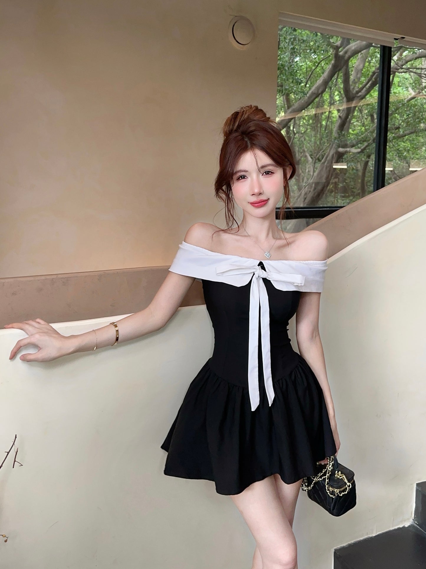 Trendy Large Bow Detail Off-Shoulder Mini Dress Cute Fitted Bodice Black & White Color-Block Short Dress AP1888