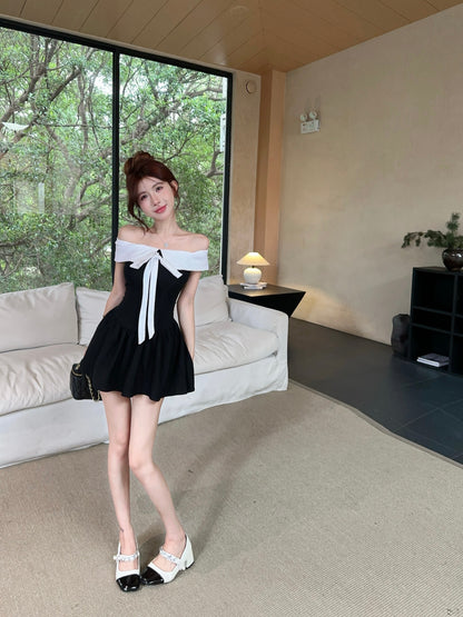 Trendy Large Bow Detail Off-Shoulder Mini Dress Cute Fitted Bodice Black & White Color-Block Short Dress AP1888