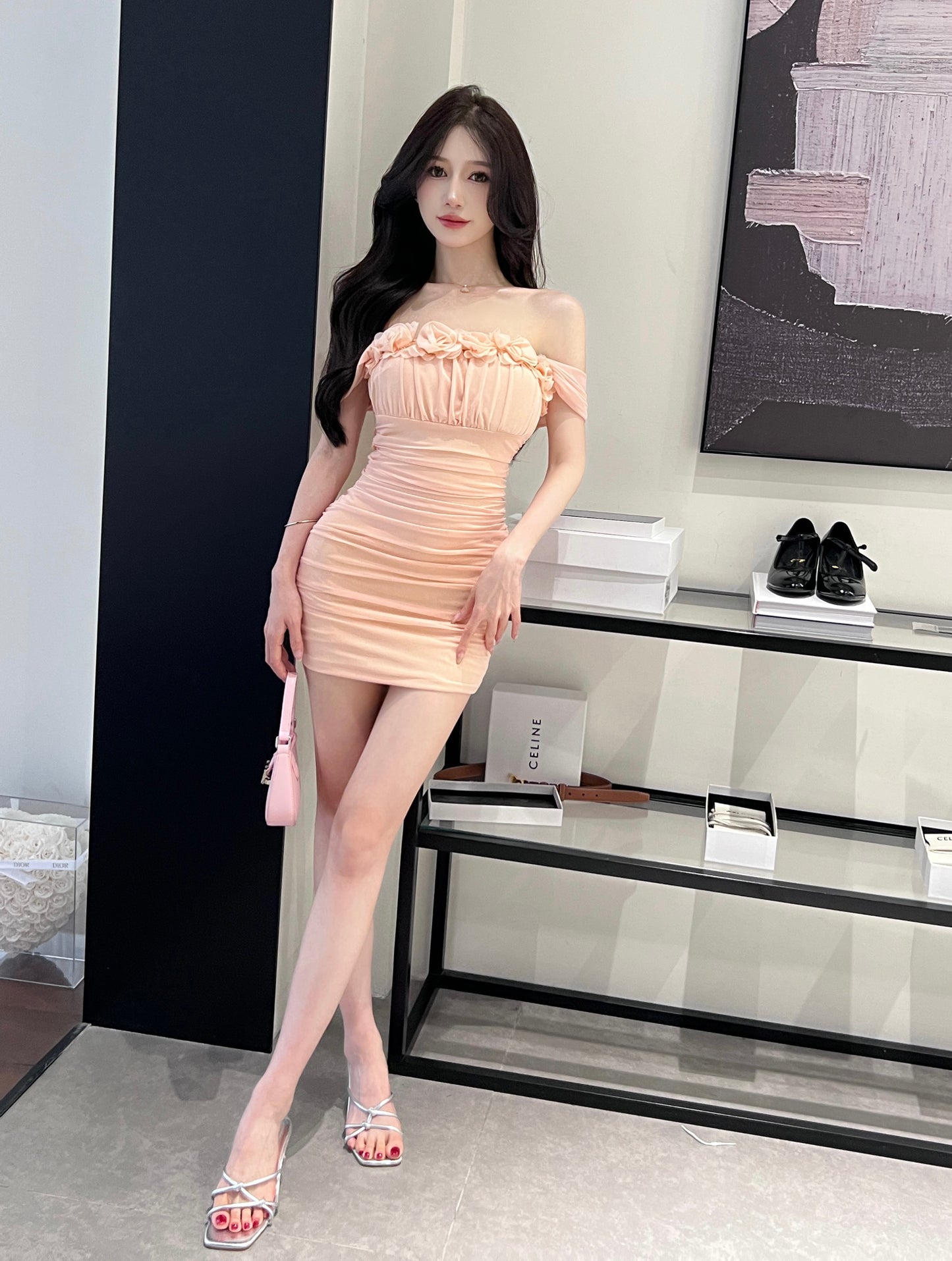 Sweet Girls 3D Flower Accent Mini Skirt Dates Outfit Ruched Bodice Draped Mesh Short Dress AP1889