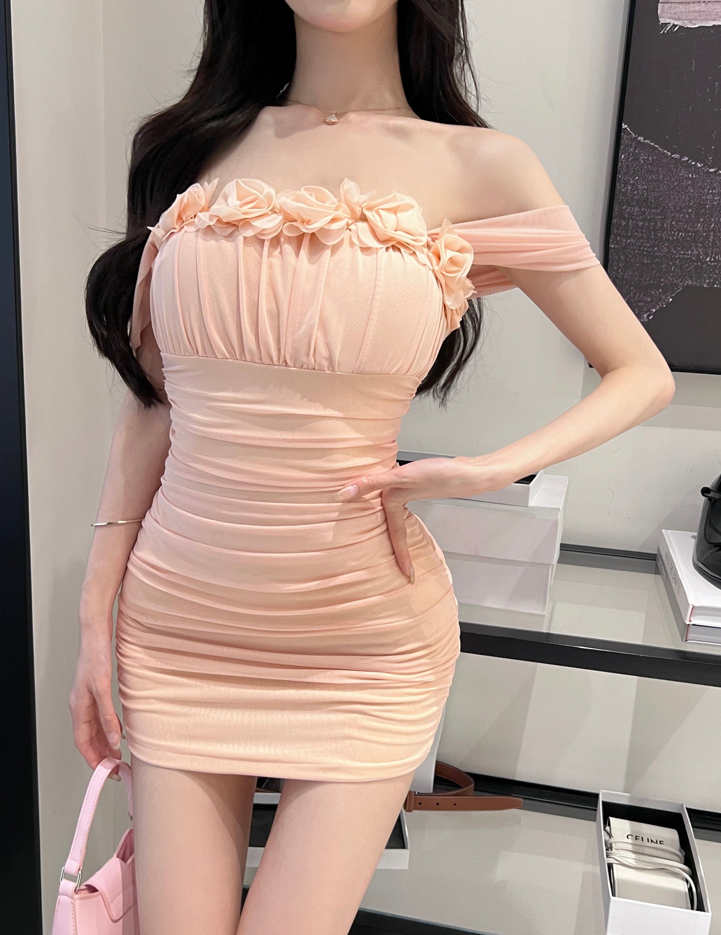 Sweet Girls 3D Flower Accent Mini Skirt Dates Outfit Ruched Bodice Draped Mesh Short Dress AP1889