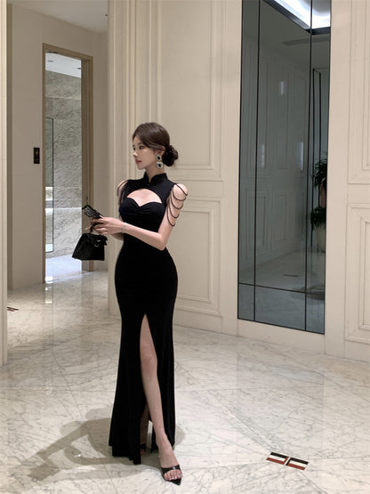 Unique Black High Slit Mandarin Collar Maxi Skirt Retro Cutout Neckline Shoulder Chains Mermaid Long Dress AP1890