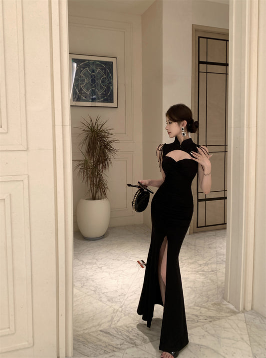 Unique Black High Slit Mandarin Collar Maxi Skirt Retro Cutout Neckline Shoulder Chains Mermaid Long Dress AP1890