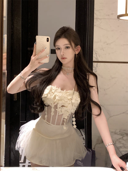 Elegant White Strapless Two-Piece Set Puffy Tulle Mini Skirt Dreamy Sheer Corset 3D Floral Design Short Dress AP1891