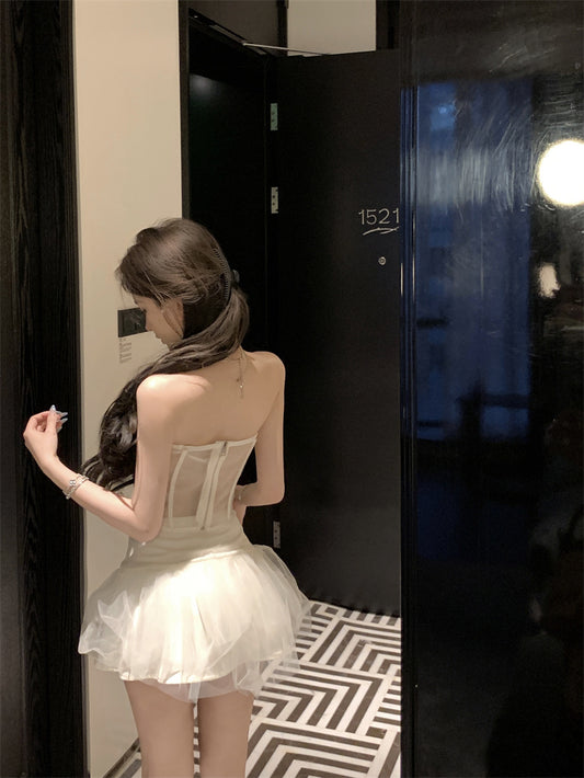 Elegant White Strapless Two-Piece Set Puffy Tulle Mini Skirt Dreamy Sheer Corset 3D Floral Design Short Dress AP1891