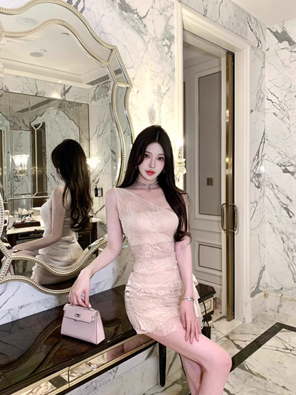 Classical Nude Lace One-Shoulder Romantic Dates Mini Dress Novelty Asymmetric Drape Sheer Details Short Dress AP1892
