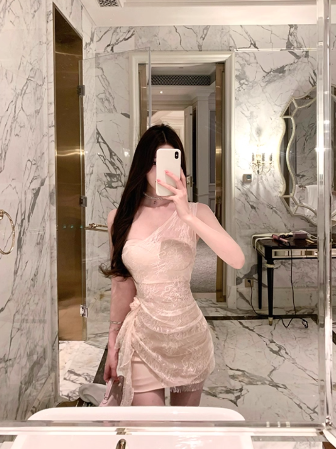 Classical Nude Lace One-Shoulder Romantic Dates Mini Dress Novelty Asymmetric Drape Sheer Details Short Dress AP1892