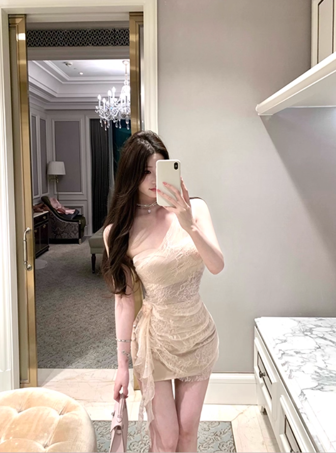 Classical Nude Lace One-Shoulder Romantic Dates Mini Dress Novelty Asymmetric Drape Sheer Details Short Dress AP1892