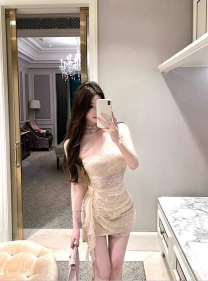 Classical Nude Lace One-Shoulder Romantic Dates Mini Dress Novelty Asymmetric Drape Sheer Details Short Dress AP1892