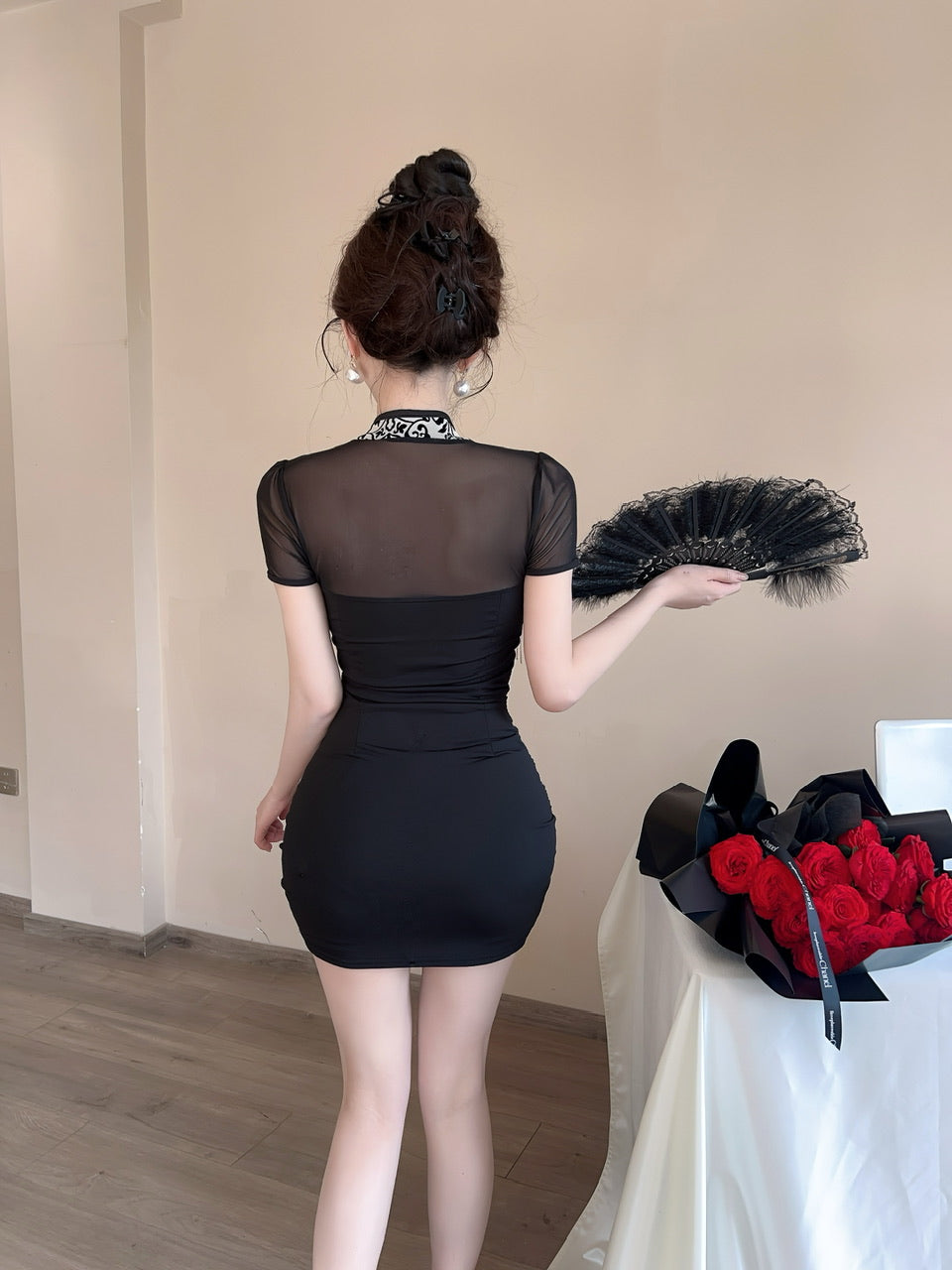 Black Cheongsam-Inspired Short Sheer Mesh Sleeves Bodycon Mini Skirt Charming Corset Floral Pattern Tassel Detail Short Dress AP1893