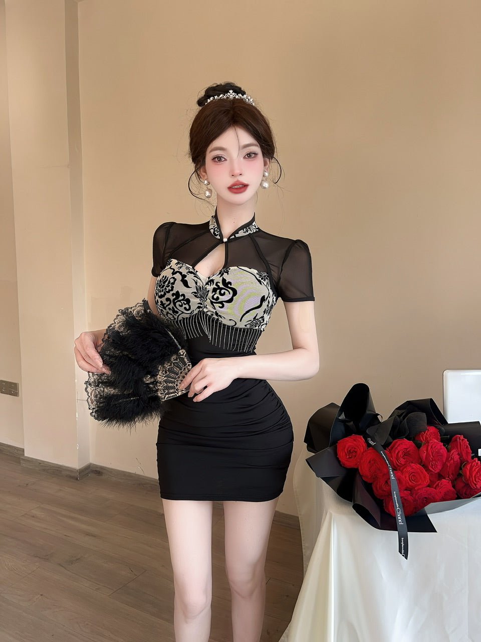 Black Cheongsam-Inspired Short Sheer Mesh Sleeves Bodycon Mini Skirt Charming Corset Floral Pattern Tassel Detail Short Dress AP1893