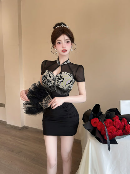 Black Cheongsam-Inspired Short Sheer Mesh Sleeves Bodycon Mini Skirt Charming Corset Floral Pattern Tassel Detail Short Dress AP1893