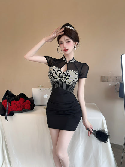 Black Cheongsam-Inspired Short Sheer Mesh Sleeves Bodycon Mini Skirt Charming Corset Floral Pattern Tassel Detail Short Dress AP1893