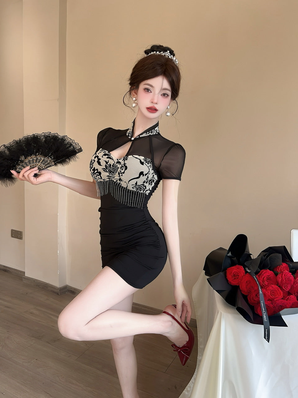 Black Cheongsam-Inspired Short Sheer Mesh Sleeves Bodycon Mini Skirt Charming Corset Floral Pattern Tassel Detail Short Dress AP1893