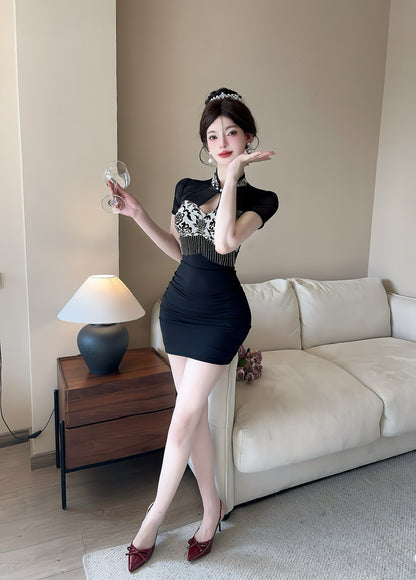 Black Cheongsam-Inspired Short Sheer Mesh Sleeves Bodycon Mini Skirt Charming Corset Floral Pattern Tassel Detail Short Dress AP1893