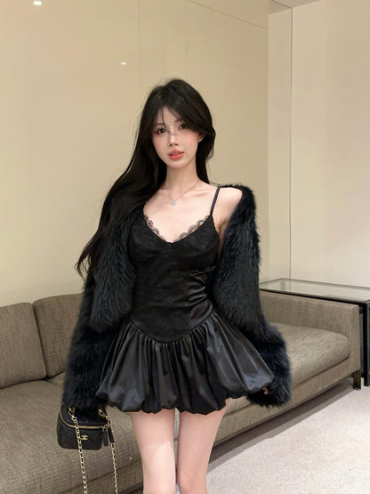 Hot Girls Black Spaghetti Strap A-Line Flared Mini Dress Parties Outfit Sexy Lace Trimmed Neckline Short Dress AP1894