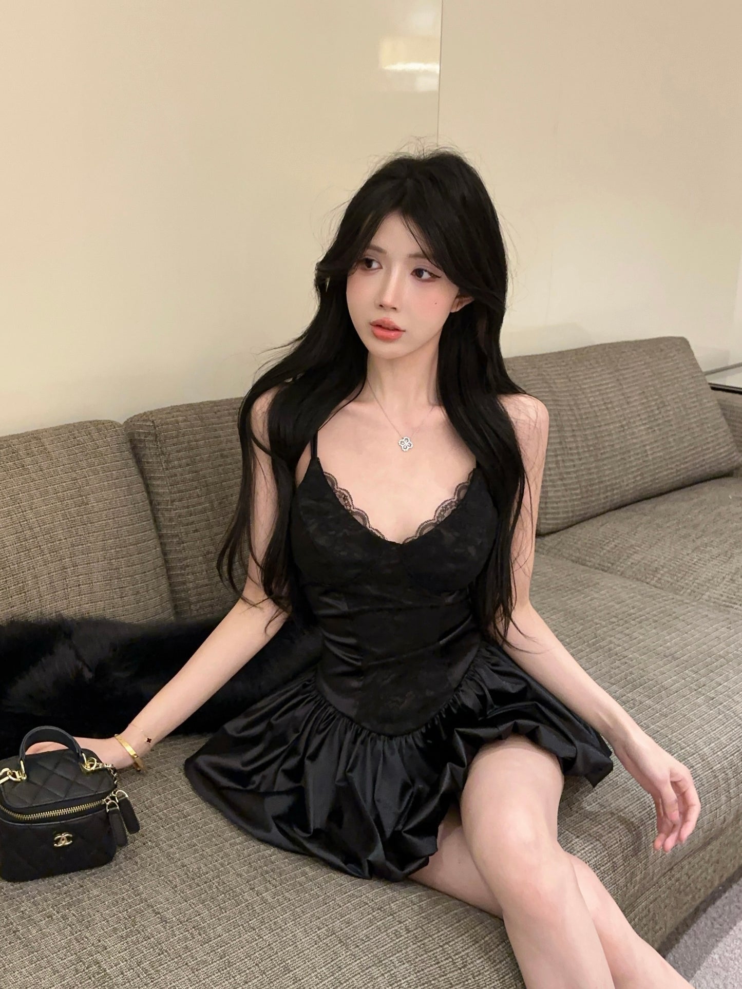 Hot Girls Black Spaghetti Strap A-Line Flared Mini Dress Parties Outfit Sexy Lace Trimmed Neckline Short Dress AP1894