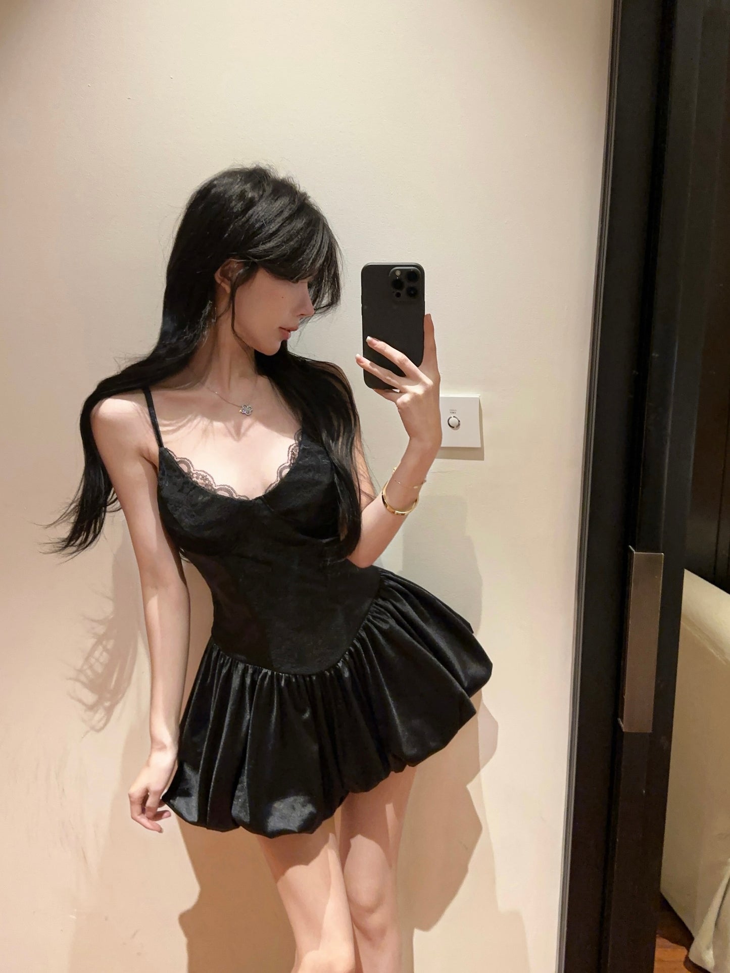 Hot Girls Black Spaghetti Strap A-Line Flared Mini Dress Parties Outfit Sexy Lace Trimmed Neckline Short Dress AP1894