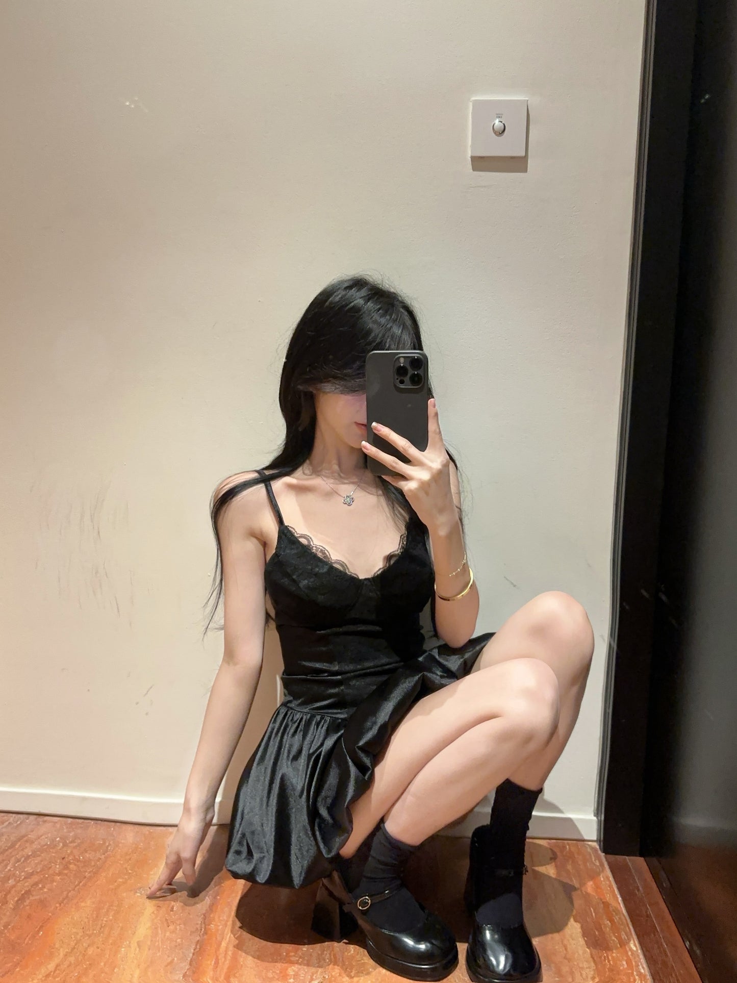 Hot Girls Black Spaghetti Strap A-Line Flared Mini Dress Parties Outfit Sexy Lace Trimmed Neckline Short Dress AP1894