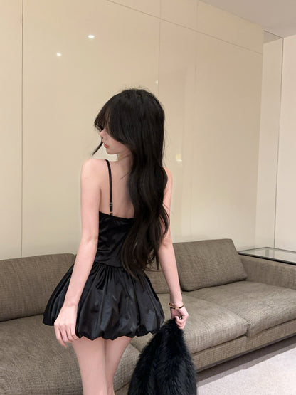 Hot Girls Black Spaghetti Strap A-Line Flared Mini Dress Parties Outfit Sexy Lace Trimmed Neckline Short Dress AP1894