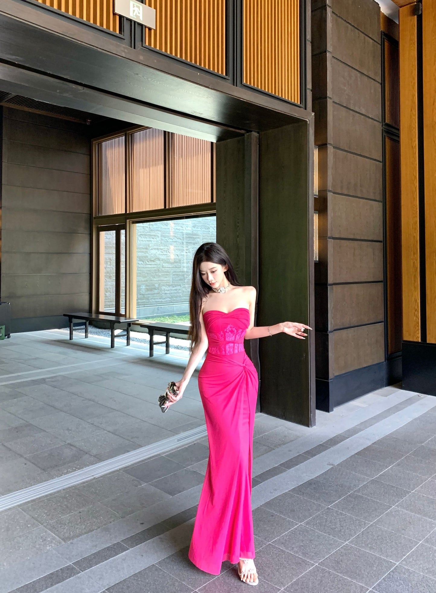 Y2K Style Lace Waist Twist-Front Hot Pink Strapless Maxi Skirt High Slit Ruched Tulle Overlay Mermaid Long Dress AP1895