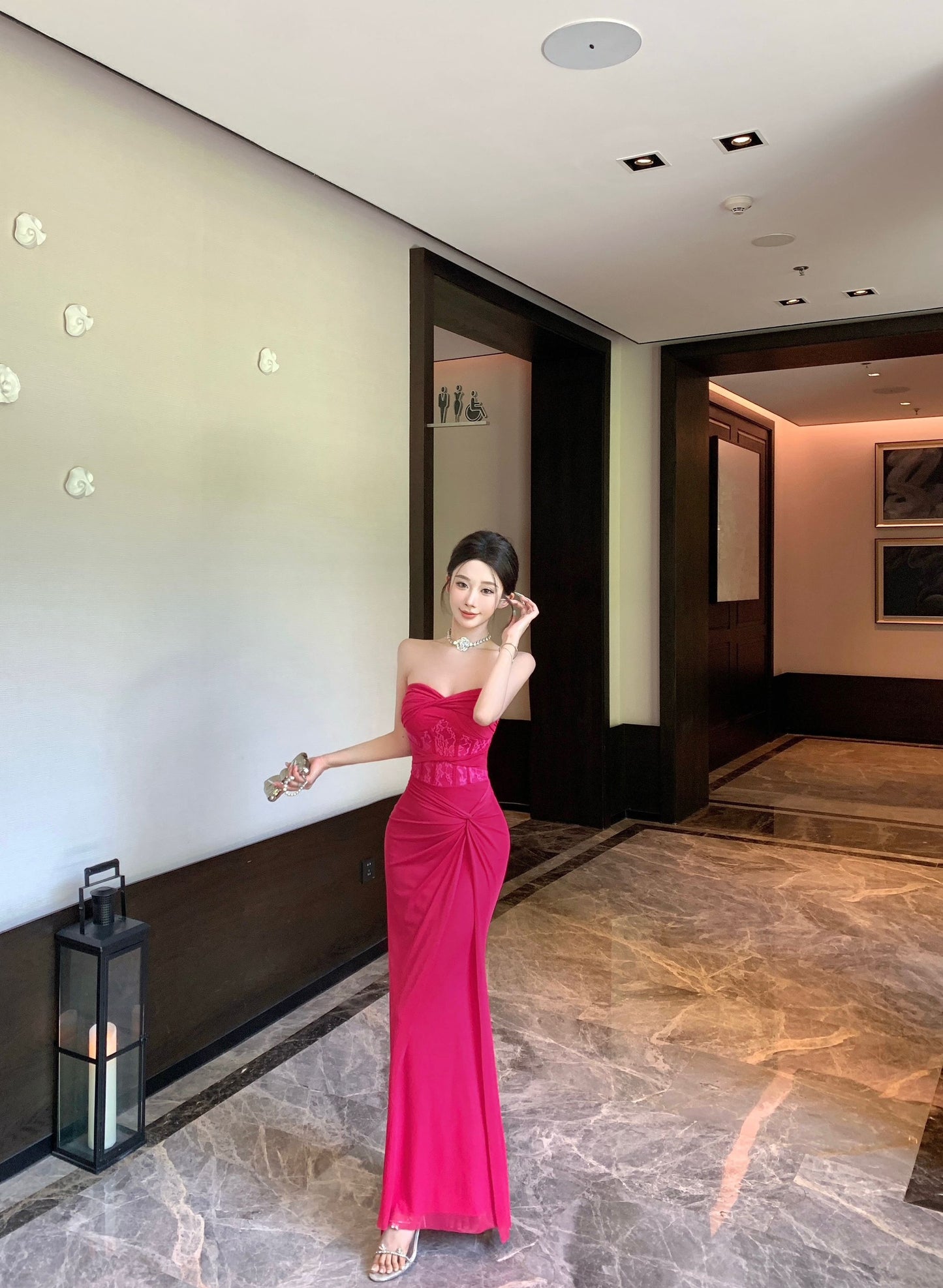 Y2K Style Lace Waist Twist-Front Hot Pink Strapless Maxi Skirt High Slit Ruched Tulle Overlay Mermaid Long Dress AP1895