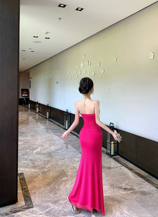 Y2K Style Lace Waist Twist-Front Hot Pink Strapless Maxi Skirt High Slit Ruched Tulle Overlay Mermaid Long Dress AP1895