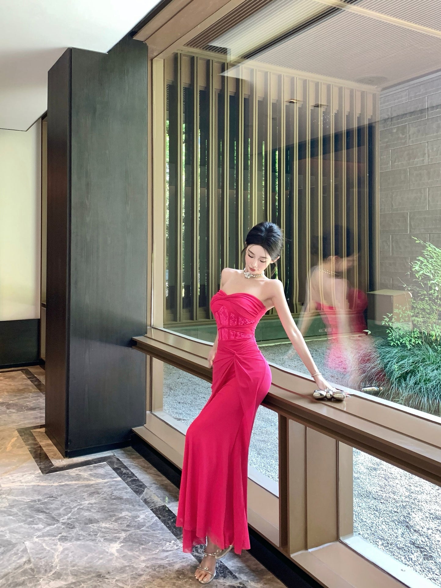 Y2K Style Lace Waist Twist-Front Hot Pink Strapless Maxi Skirt High Slit Ruched Tulle Overlay Mermaid Long Dress AP1895