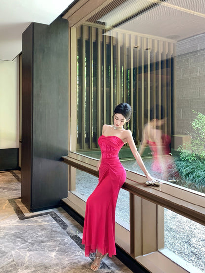 Y2K Style Lace Waist Twist-Front Hot Pink Strapless Maxi Skirt High Slit Ruched Tulle Overlay Mermaid Long Dress AP1895