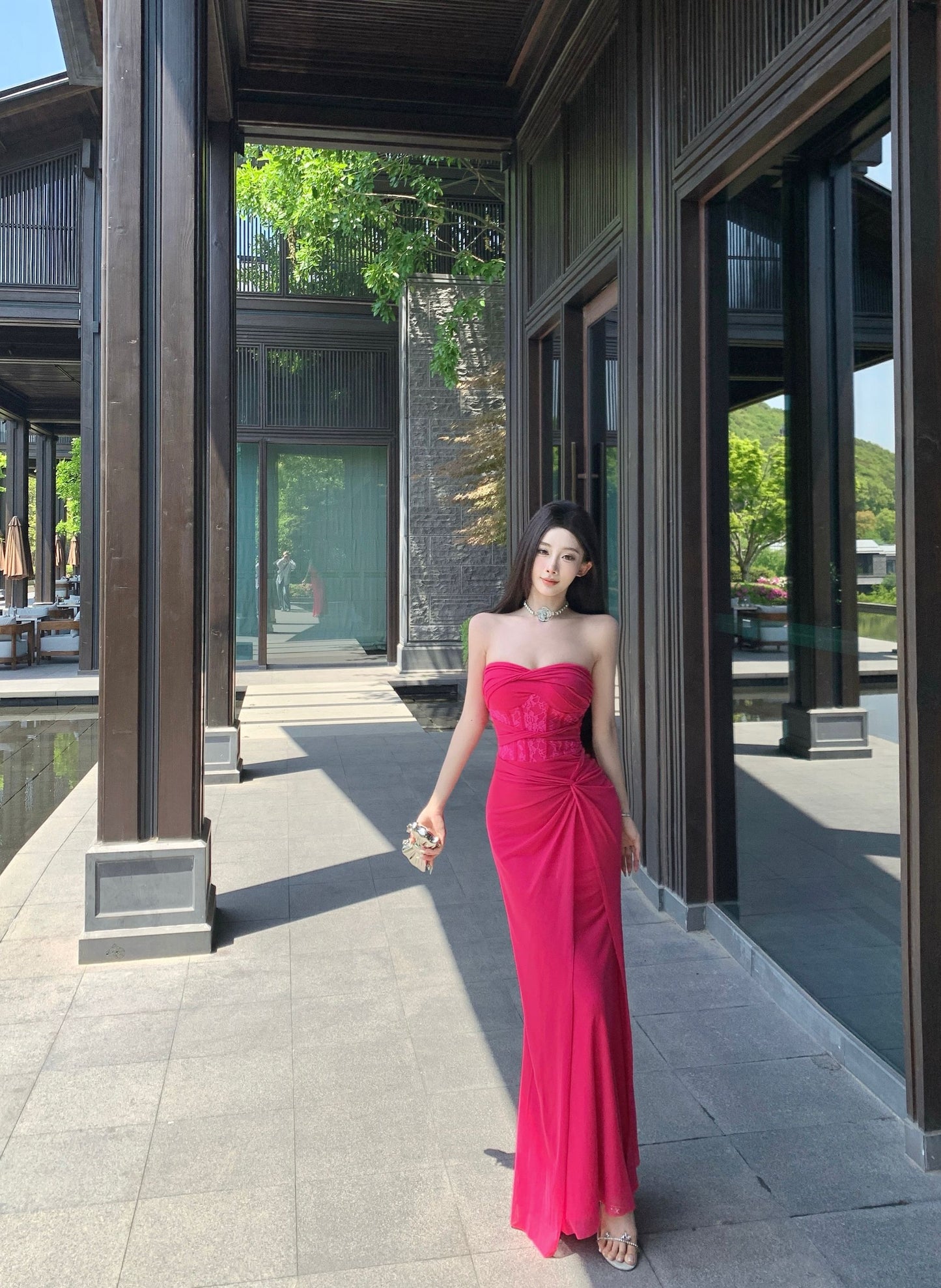 Y2K Style Lace Waist Twist-Front Hot Pink Strapless Maxi Skirt High Slit Ruched Tulle Overlay Mermaid Long Dress AP1895