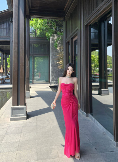 Y2K Style Lace Waist Twist-Front Hot Pink Strapless Maxi Skirt High Slit Ruched Tulle Overlay Mermaid Long Dress AP1895