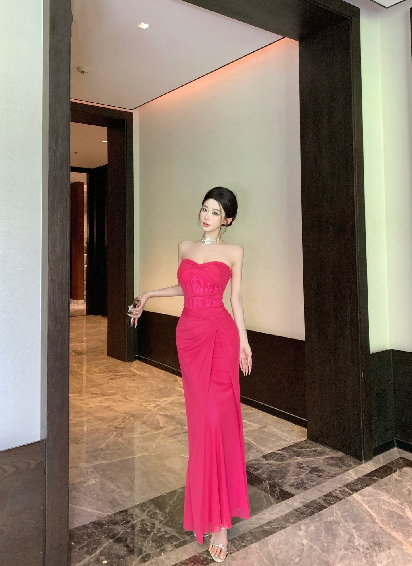 Y2K Style Lace Waist Twist-Front Hot Pink Strapless Maxi Skirt High Slit Ruched Tulle Overlay Mermaid Long Dress AP1895