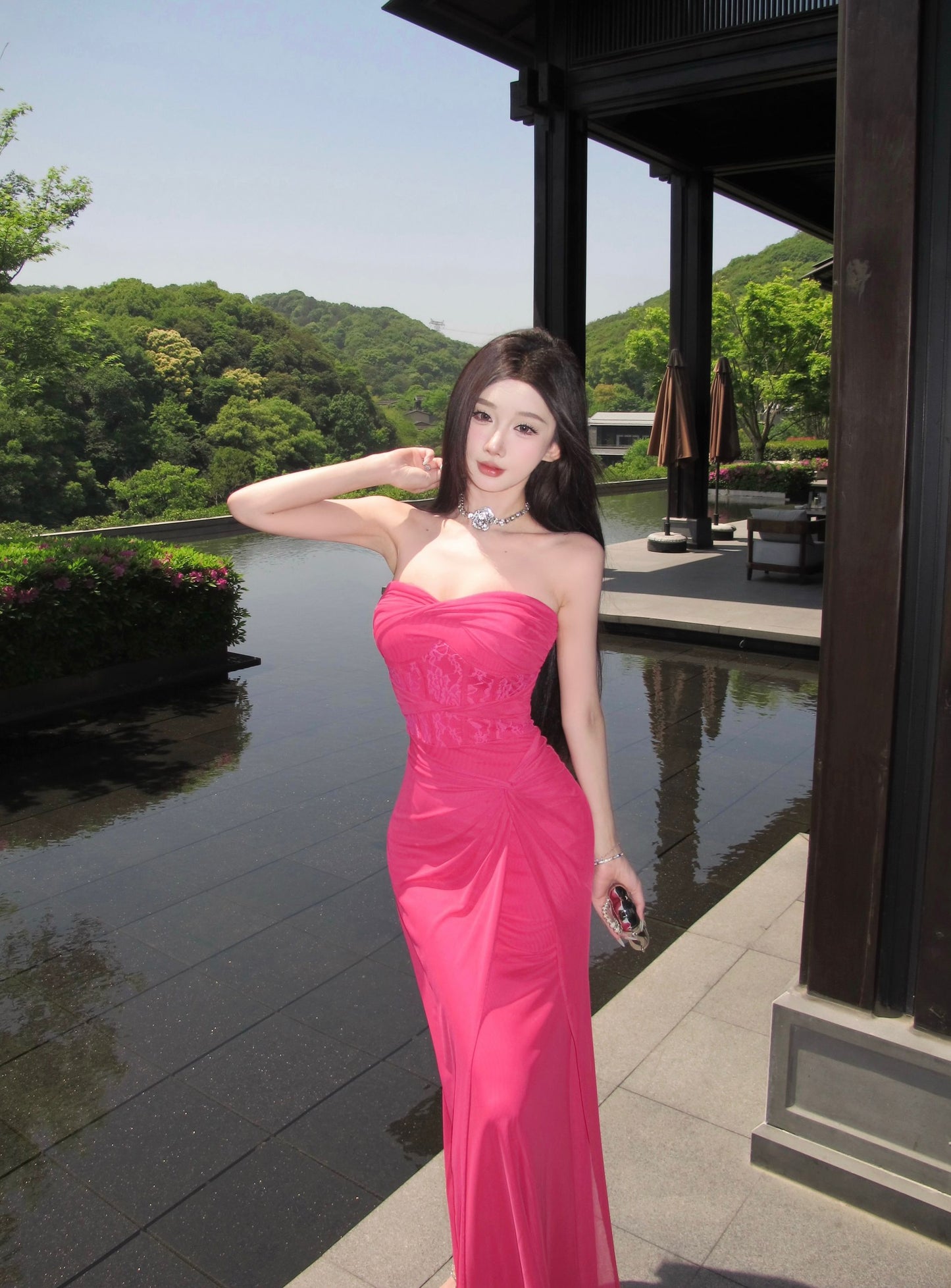 Y2K Style Lace Waist Twist-Front Hot Pink Strapless Maxi Skirt High Slit Ruched Tulle Overlay Mermaid Long Dress AP1895