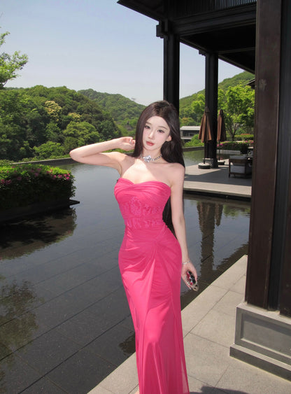 Y2K Style Lace Waist Twist-Front Hot Pink Strapless Maxi Skirt High Slit Ruched Tulle Overlay Mermaid Long Dress AP1895