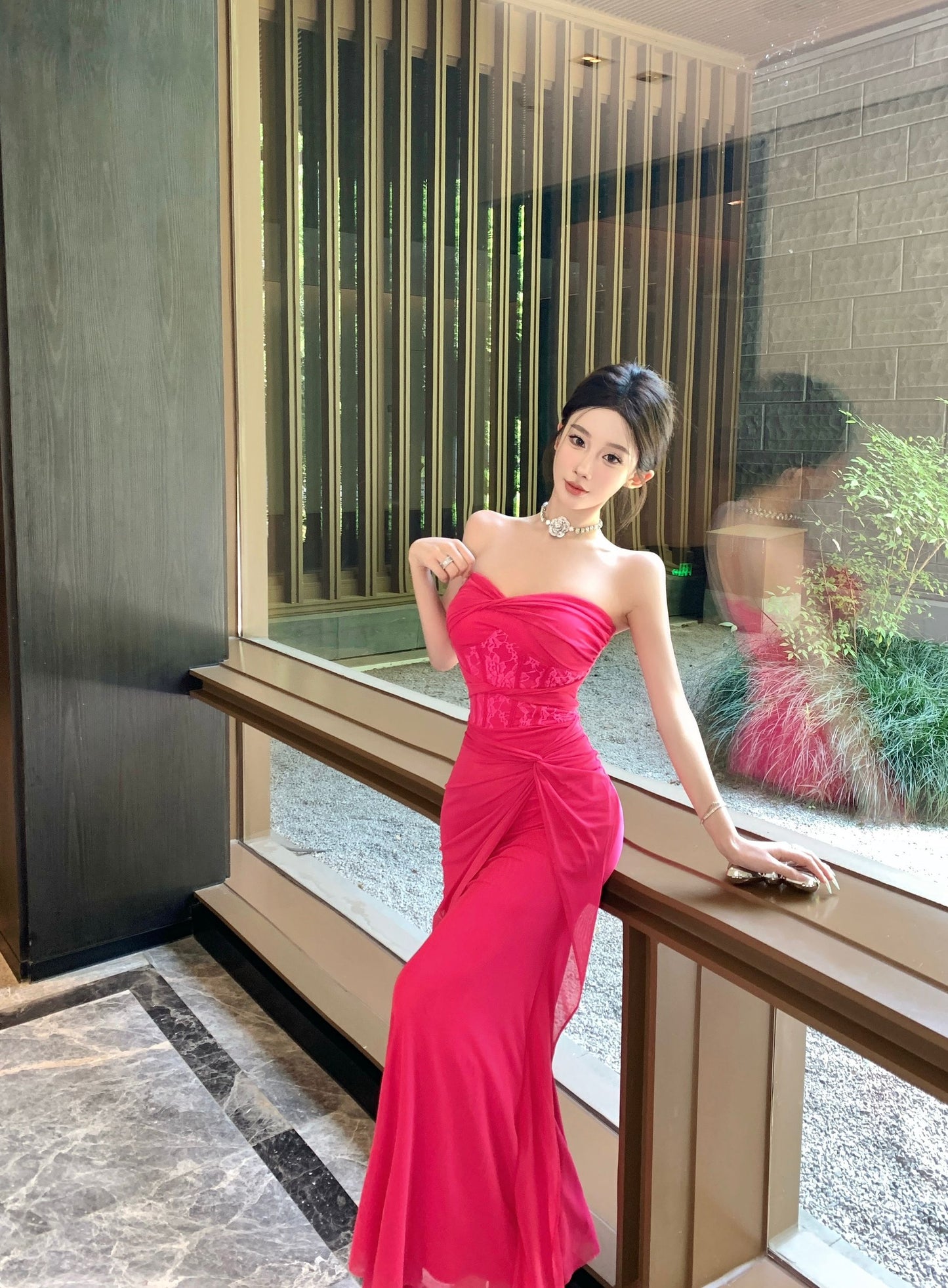 Y2K Style Lace Waist Twist-Front Hot Pink Strapless Maxi Skirt High Slit Ruched Tulle Overlay Mermaid Long Dress AP1895