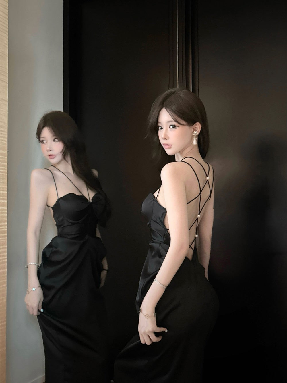 Exquisite Black Satin Bodycon Mermaid Ruched Maxi Dress Chic Luxury Parties Strappy Crisscross Back with Rhinestones Long Dress AP1896