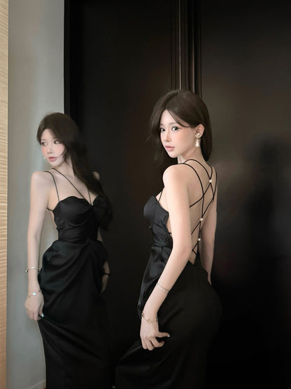 Exquisite Black Satin Bodycon Mermaid Ruched Maxi Dress Chic Luxury Parties Strappy Crisscross Back with Rhinestones Long Dress AP1896