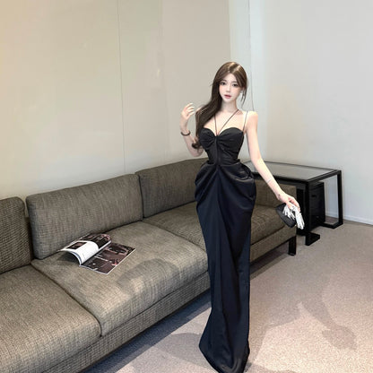 Exquisite Black Satin Bodycon Mermaid Ruched Maxi Dress Chic Luxury Parties Strappy Crisscross Back with Rhinestones Long Dress AP1896