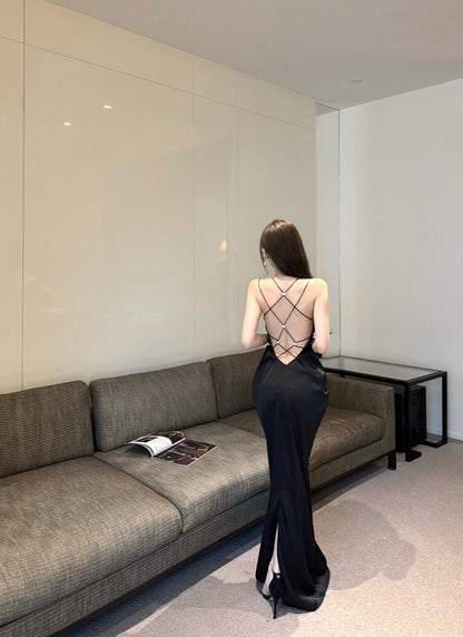 Exquisite Black Satin Bodycon Mermaid Ruched Maxi Dress Chic Luxury Parties Strappy Crisscross Back with Rhinestones Long Dress AP1896