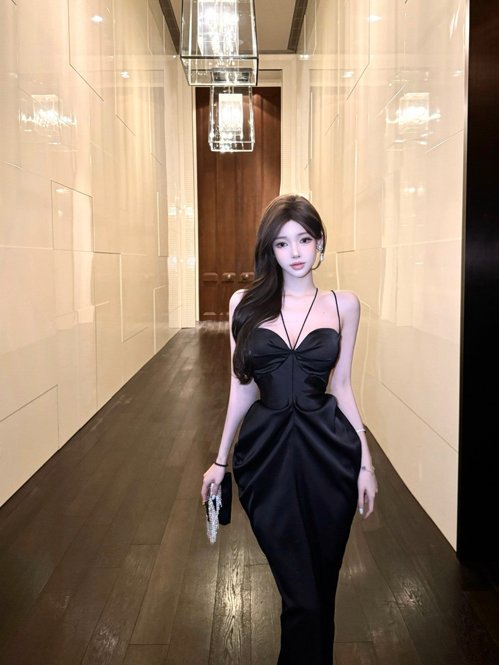 Exquisite Black Satin Bodycon Mermaid Ruched Maxi Dress Chic Luxury Parties Strappy Crisscross Back with Rhinestones Long Dress AP1896