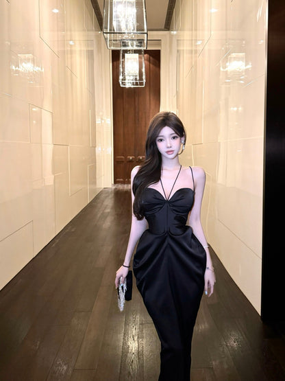 Exquisite Black Satin Bodycon Mermaid Ruched Maxi Dress Chic Luxury Parties Strappy Crisscross Back with Rhinestones Long Dress AP1896