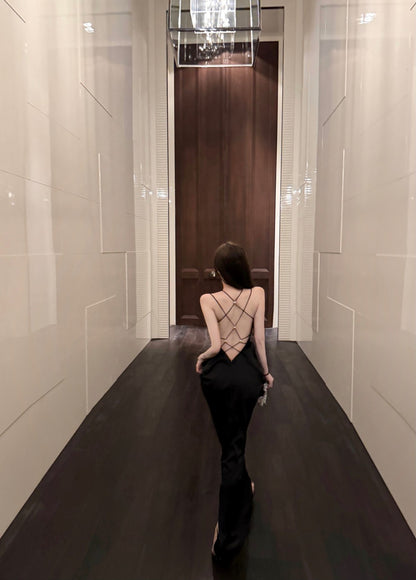 Exquisite Black Satin Bodycon Mermaid Ruched Maxi Dress Chic Luxury Parties Strappy Crisscross Back with Rhinestones Long Dress AP1896