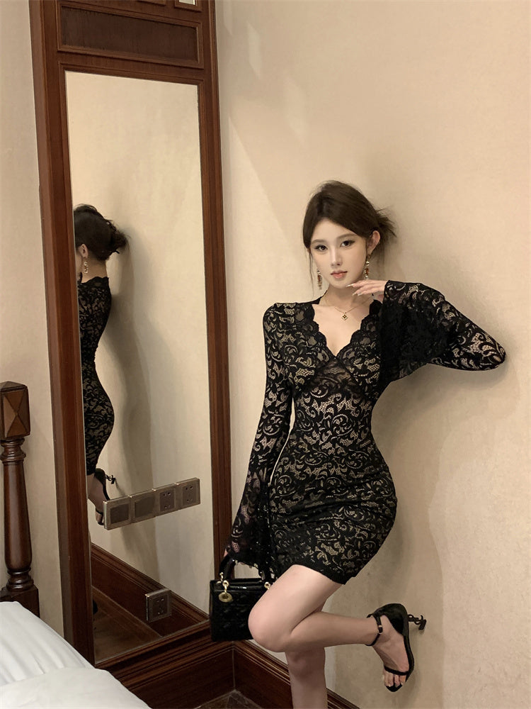 Gen Z Black Lace Long Bell Sleeve Mini Skirt Hot Girls Vintage Pattern Romantic Dates Bodycon Short Dress AP1897