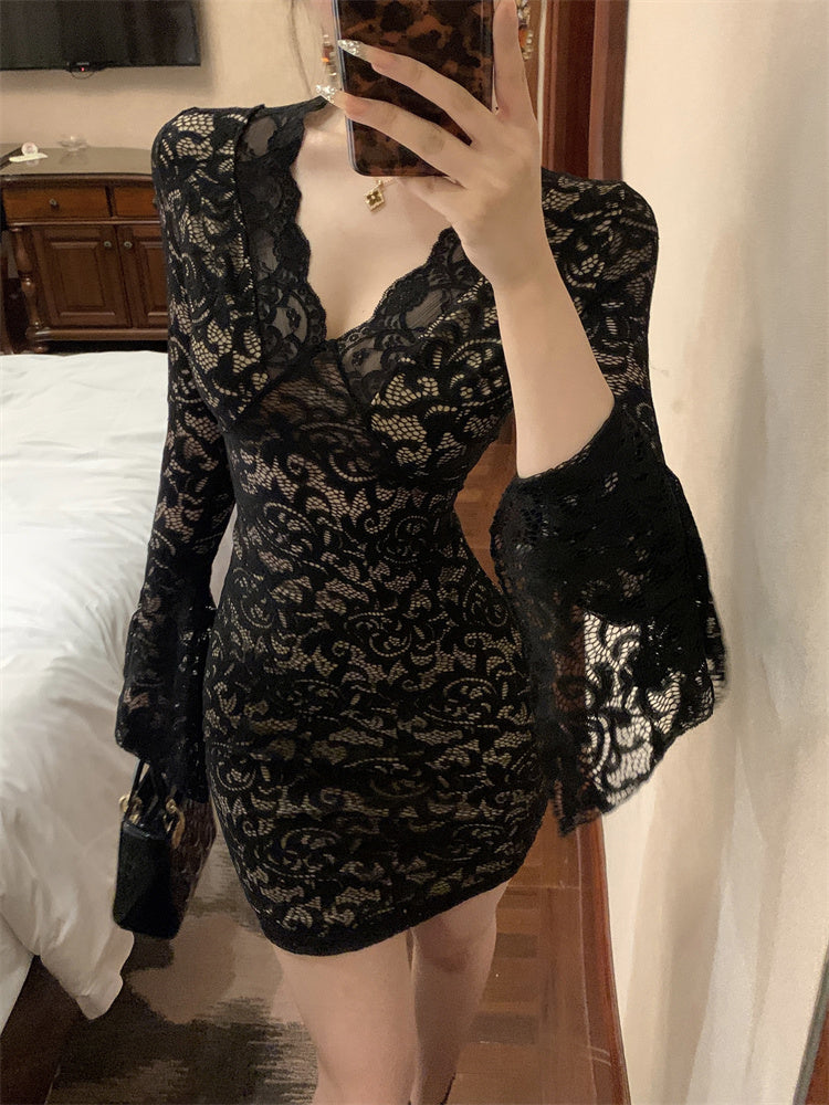 Gen Z Black Lace Long Bell Sleeve Mini Skirt Hot Girls Vintage Pattern Romantic Dates Bodycon Short Dress AP1897