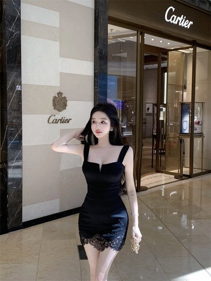 Graceful Black Wide Straps Bodycon Mini Skirt Hot Girls Lace - Trimmed Hem Nightouts Short Dress AP1898