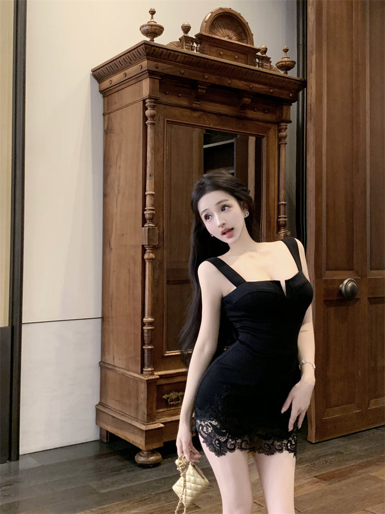 Graceful Black Wide Straps Bodycon Mini Skirt Hot Girls Lace - Trimmed Hem Nightouts Short Dress AP1898