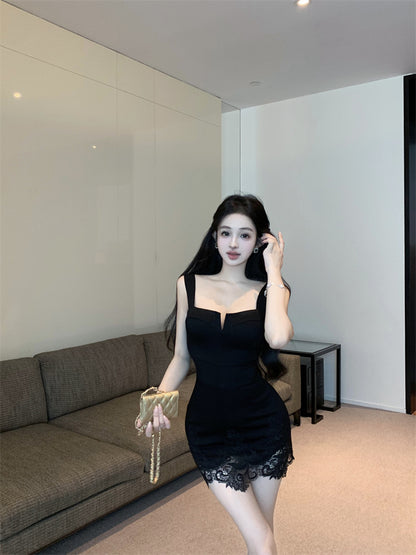 Graceful Black Wide Straps Bodycon Mini Skirt Hot Girls Lace - Trimmed Hem Nightouts Short Dress AP1898