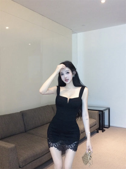 Graceful Black Wide Straps Bodycon Mini Skirt Hot Girls Lace - Trimmed Hem Nightouts Short Dress AP1898
