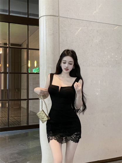 Graceful Black Wide Straps Bodycon Mini Skirt Hot Girls Lace - Trimmed Hem Nightouts Short Dress AP1898