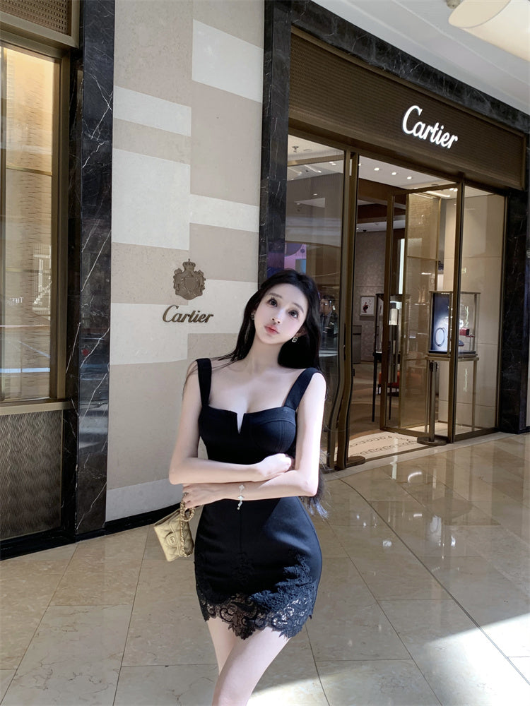 Graceful Black Wide Straps Bodycon Mini Skirt Hot Girls Lace - Trimmed Hem Nightouts Short Dress AP1898