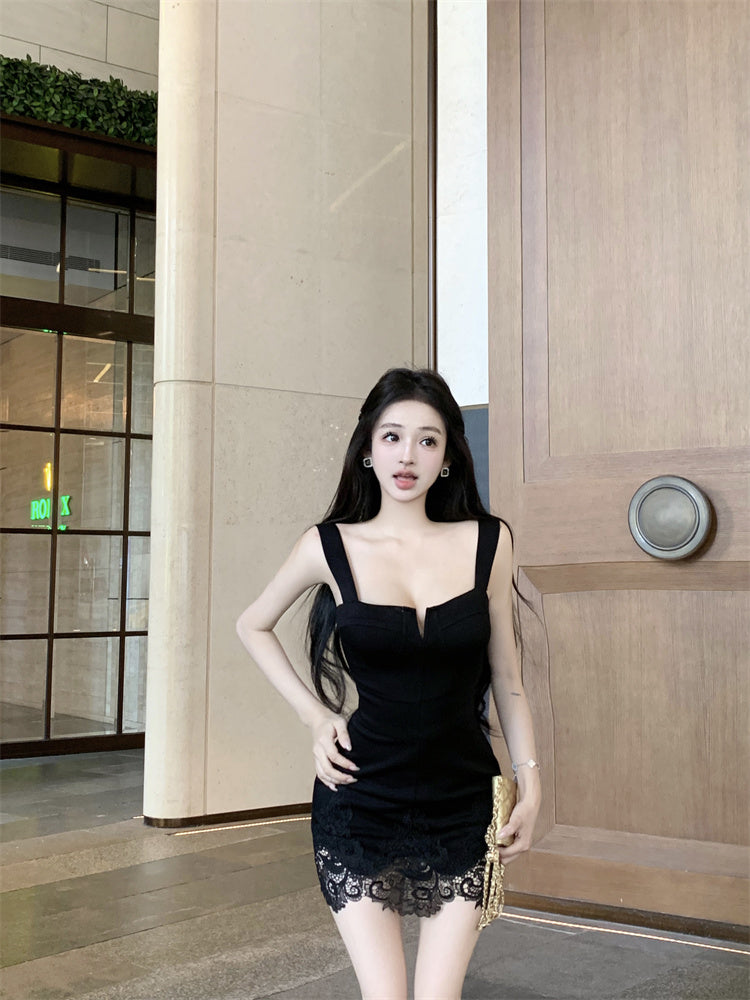Graceful Black Wide Straps Bodycon Mini Skirt Hot Girls Lace - Trimmed Hem Nightouts Short Dress AP1898